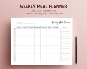 weekly meal planner with grocery list PRINTABLE, healthy eating menu planning template DIGITAL DOWNLOAD, meal prep planner editable, 2024