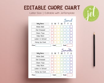 Editable Chore Chart for 2 kids, Homework Planner for Kids, Reward chart,after school routine, Routine Chart, Responsibility Chart