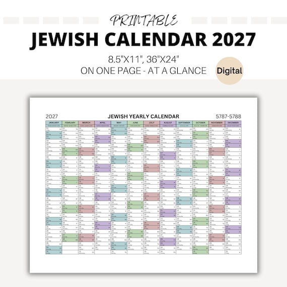 2027 Jewish Calendar Printable : Hebrew & English Year at a Glance, Modern Jewish Wall Calendar, Digital Download - Etsy Canada