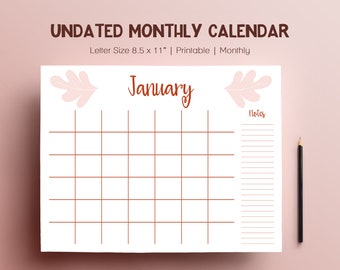 Undated monthly calendar printable, editable content planner, wall calendar minimalist, monthly planner pages, 2022 calendar for wall