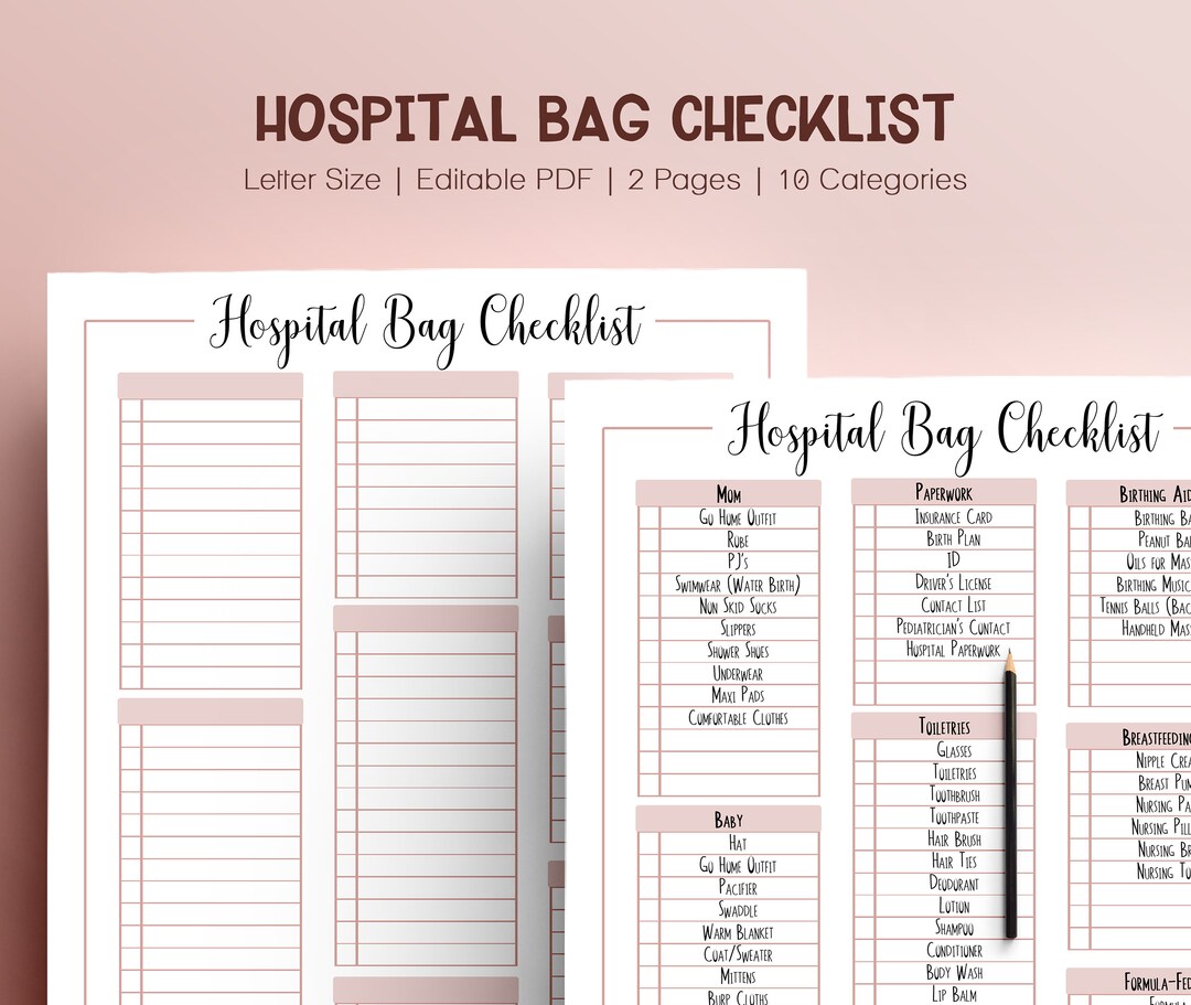 Hospital Bag Checklist Template for Labor and Delivery, Printable ...