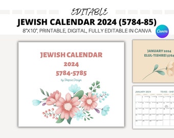 EDITABLE Jewish calendar 2024, hebrew calendar 5784, printable jewish calendar 5785, jewish holidays calendar for wall, wall calendar