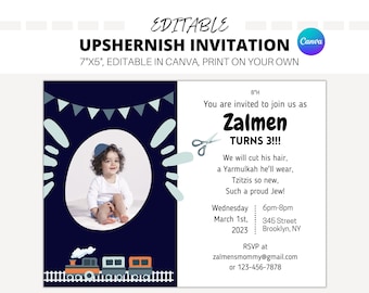 Upsherin Invitation, 3rd birthday invitation, first haircut, 5x7 Invitation, Baby boy invitation, Third birthday Invitation, Upshernish