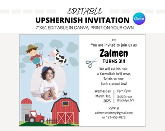 Upsherin Invitation, Third birthday, 3rd birthday invitation, first haircut, Baby boy invitation, Upshernish, Barnyard Birthday, Farm