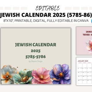 EDITABLE Jewish calendar 2025, hebrew calendar 5786, printable jewish calendar 5785, jewish holidays calendar for wall, with holidays