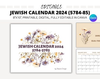 EDITABLE Jewish calendar 2024, hebrew calendar 5784, printable jewish calendar 5785, jewish holidays calendar for wall, with holidays