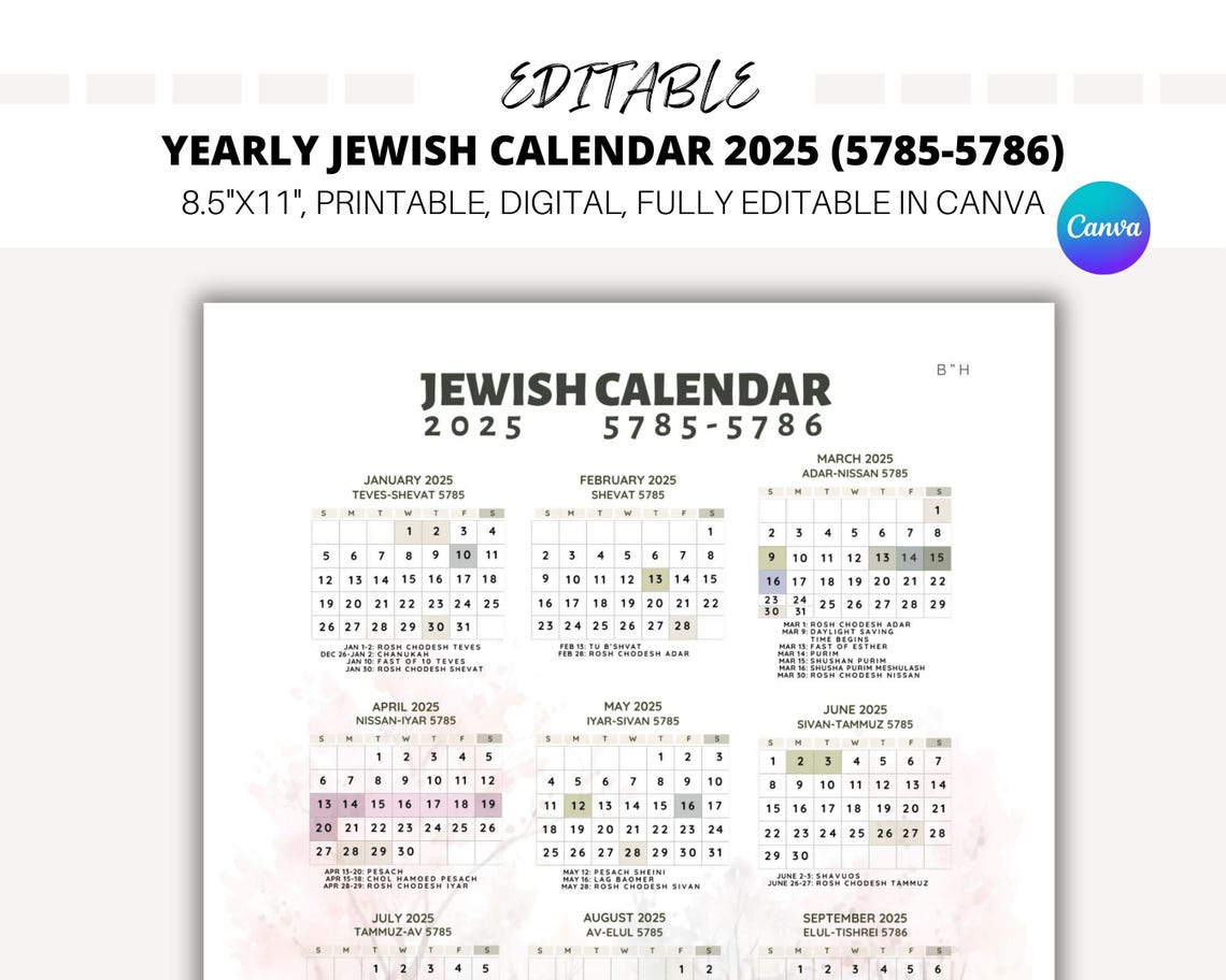 Editable yearly jewish calendar 2025 jewish holidays canva template