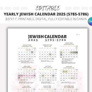 EDITABLE Yearly Jewish Calendar 2025, Jewish Holidays, Canva Template, Hebrew Calendar, Jewish Calendar 5785, Hebrew Calendar 5786