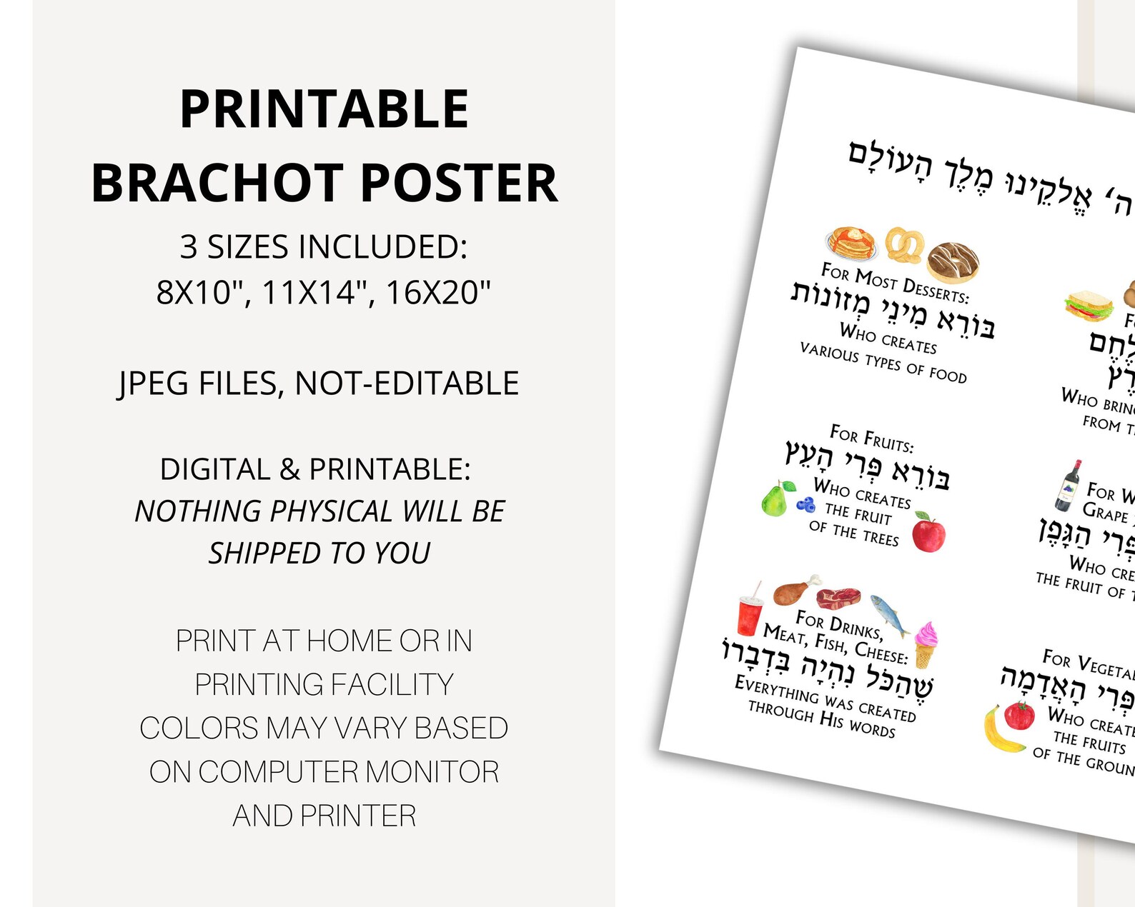 Printable Brachot Poster for Kids, Bracha Chart, Jewish Food Blessings ...