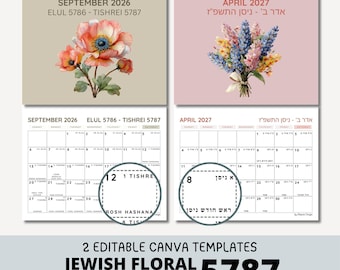 EDITIERBARER Jüdischer Kalender 5787, Blumenkalender, hebräischer Kalender 5787, druckbarer jüdischer Kalender 2026-2027, Familienkalender