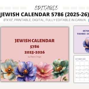 EDITABLE Hebrew calendar 5786, Printable Jewish calendar 2025-26, Family Calendar, Jewish holidays calendar for wall, wall calendar