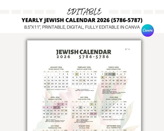 EDITABLE Yearly Jewish Calendar 2026, Jewish Holidays, Canva ...