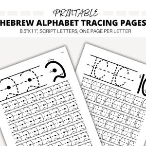 Op de afbeelding: Twee afdrukbare Hebreeuwse alfabet-oefenbladen, een voor de letter 'C' en een voor de letter 'G'. Elke pagina heeft een grote letter bovenaan, gevolgd door meerdere rijen kleinere letters om te oefenen met het traceren. De letters zijn in een cursief schrift.