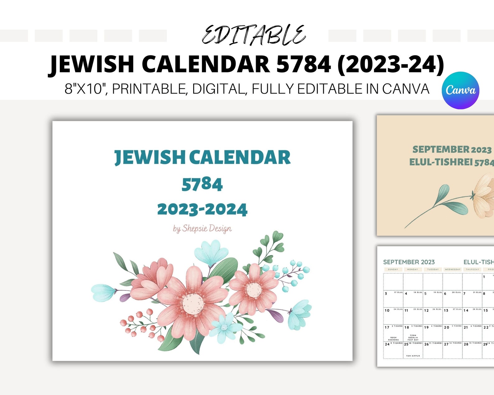 EDITABLE Jewish Calendar 2024, Hebrew Calendar 5784, Printable Jewish Calendar 5784, Jewish ...