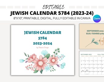 EDITABLE Jewish calendar 2024, hebrew calendar 5784, printable jewish calendar 5784, jewish holidays calendar for wall, wall calendar