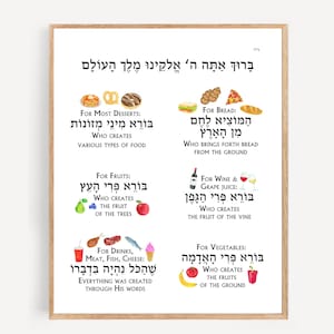 Póster imprimible de Brajot para niños, tabla de Brajá, bendiciones de comida judía, versos sobre comida, Brajá Rishona, oraciones judías, bendiciones hebreas