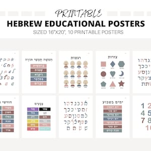 Set di poster ebraici di 10, stampabili homeschool, poster di emozioni, decorazione ebraica della classe, educazione dei bambini, Aleph Bet Chart, Montessori
