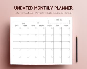 Undated Monthly Planner, Printable Calendar, desk planner, wall calendar, family wall planner, no dates, month on a page, notes page