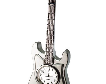 Miniature Black /& Silver Guitar Clock on a Stand in a Personalised Gift Box