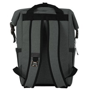 May include: A gray backpack with black straps and a bottle opener on the front. The backpack has a roll-top closure and a large main compartment.