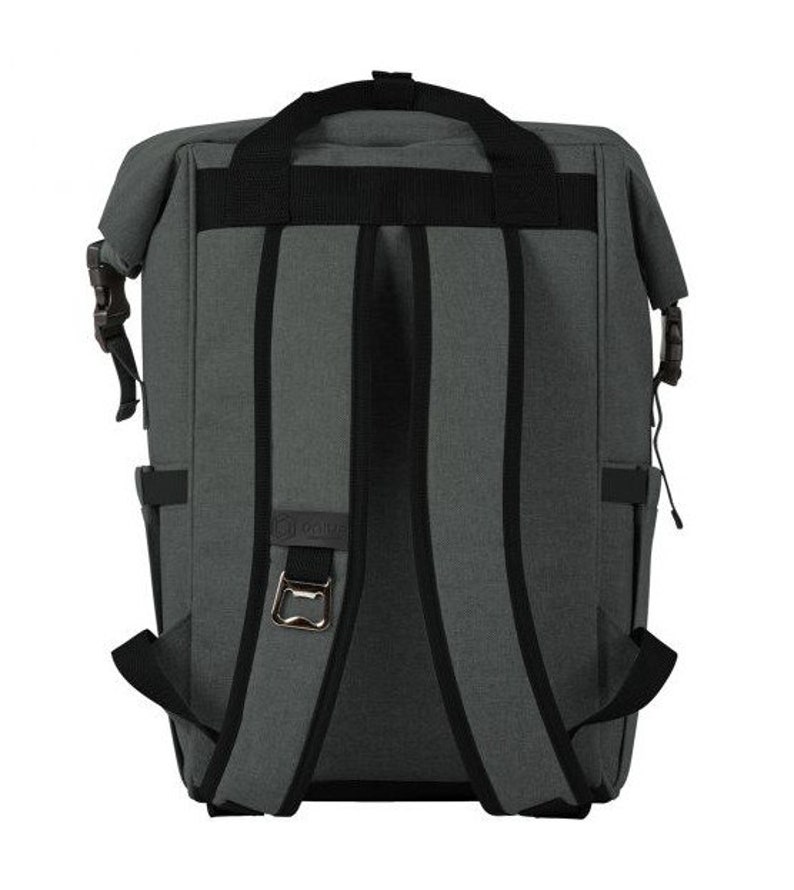 May include: A gray backpack with black straps and a bottle opener on the front. The backpack has a roll-top closure and a large main compartment.