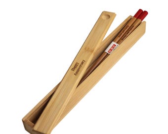 Custom Engraved Red Japanese Bamboo Chopsticks & Optional Box (1 Pair)- Personalized Wooden Chopsticks, Wedding Gift Party Favors Wood Boxes