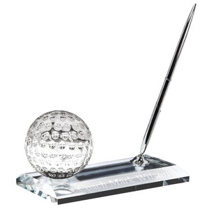 Crystal Desk Name Plate Golf Ball Paper Weight and Pen Desk Stand Set -Personalized Custom Engraving Achievement Award, Coaches, Teachers