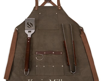 Smart BBQ Waxed Canvas Apron with Grilling Tool Set & Metal Bottle Opener - Custom Embroidered Barbecue Aprons, Personalized Kitchen Chef