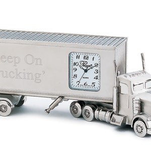 Silver Metal Semi Truck Mini Desk Clock - Engraved Personalized Desktop Clocks, Custom Gifts, Hobbyist Keepsake Toy, Decorative Office Clock