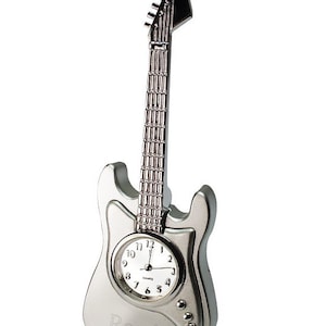 Custom Silver Desktop Die Cast Electric Guitar Clock - Personalized Engraved Gifts, Keepsakes for Music Lovers, Small Guitar, Musicians