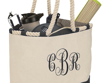 Sac fourre-tout de plage en toile noir nautique à fermeture à glissière avec poignées en corde - Sac monogramme personnalisé, cadeaux de mariage personnalisés, mariée, demoiselles d'honneur