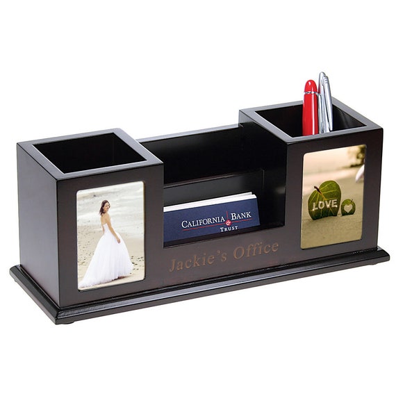 Wooden Pencil Cups with Picture Frames & Card Holder Desk
