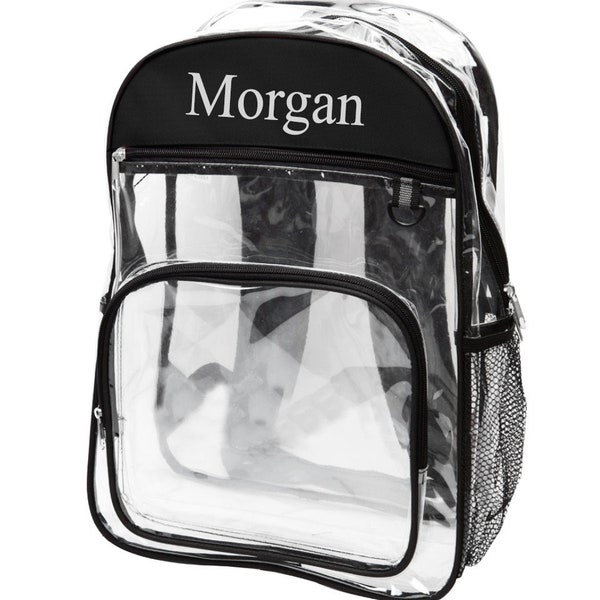 Multiple Compartment Transparent Backpack w/ Side Mesh Bottle Holder - Personalized Outdoor School Carry Book Computer Bag Airport Ballparks