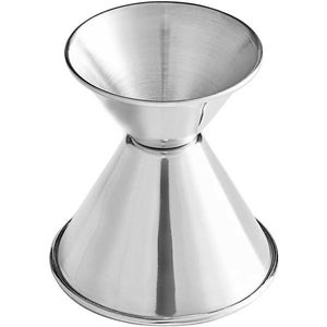 May include: A stainless steel double jigger for measuring liquids. The jigger has two conical sections, one larger than the other.