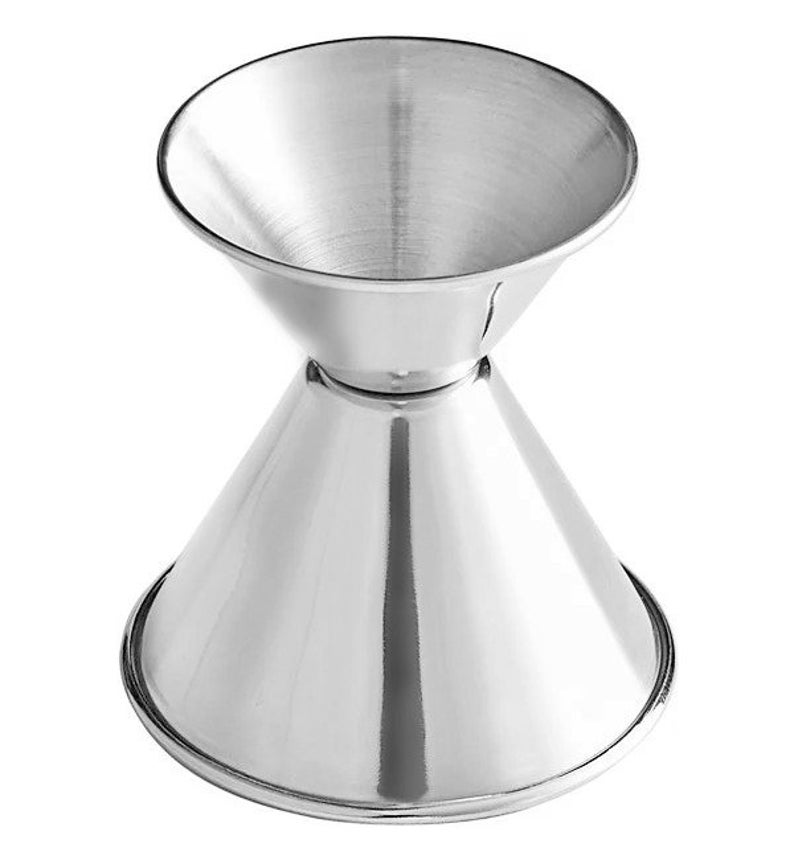 May include: A stainless steel double jigger for measuring liquids. The jigger has two conical sections, one larger than the other.
