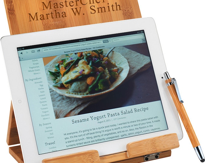 Tablet/Recipe Book Bamboo Stand with Ballpoint Stylus - Personalized Gifts, Custom Engraving iPad Stand, Kitchen Cookbook Wooden Holder