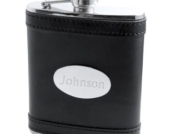 Engraved Black Leather Polished Stainless Steel Flask – Personalized Custom Drinking Flask Groomsmen Grooms Birthday Him Her Wedding Gifts