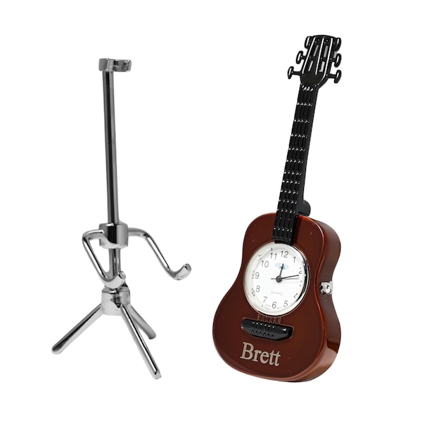 Custom Mini Silver Alloy Acoustic Guitar Desk Clock - Personalized, Office Engraved Gifts, For Music Teacher, Bands, Singer, Friends, Artist