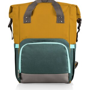 May include: A mustard yellow and teal backpack with a grey handle and straps. The backpack has a front pocket with a teal zip and a grey bottom. The straps have metal rivets and the bag has black side clips.