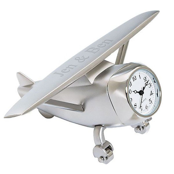 Custom Silver Finish High Wing Desk Clock Airplane - Personalized Engraved Gifts, Desktop Gifts, Mini Clocks, Office Accessories, aviation