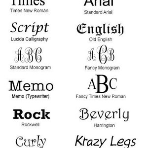 May include: A selection of different font styles in black against a white backdrop. The fonts include Times, Arial, Script, English, Memo, Rock, Curly, Beverly, and Krazy Legs, each with its name underneath.