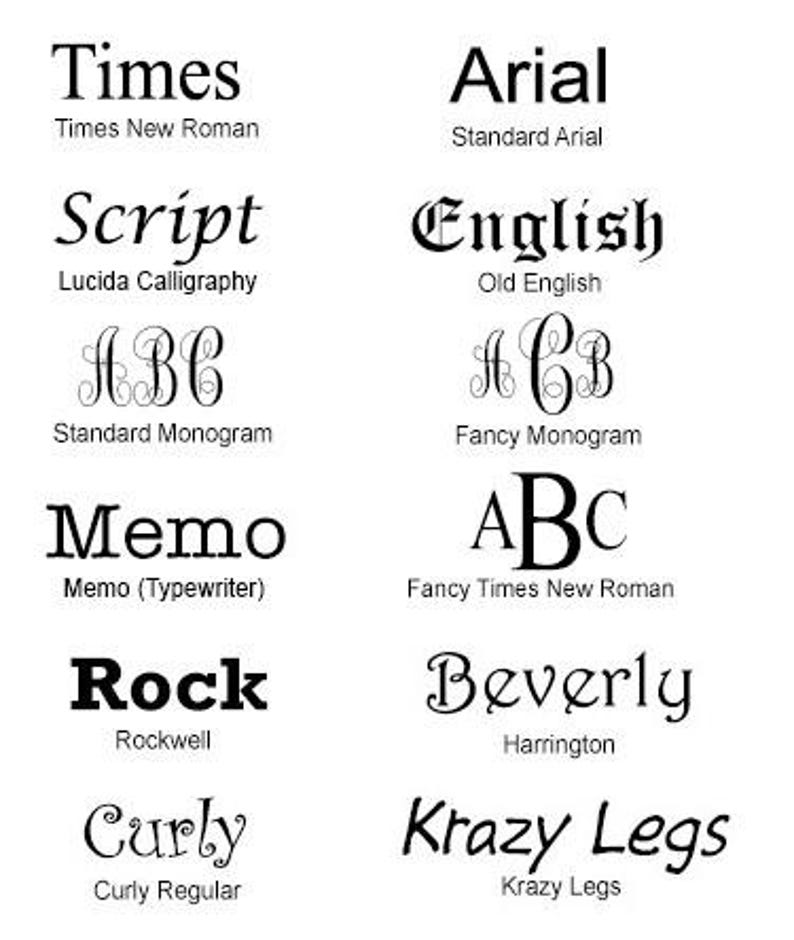 May include: A selection of different font styles in black against a white backdrop. The fonts include Times, Arial, Script, English, Memo, Rock, Curly, Beverly, and Krazy Legs, each with its name underneath.
