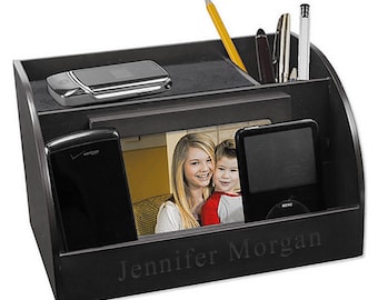 Black Wood Finish Smart Phone & Picture Frame Desk Organizer Charging Station - Personalized Photo Docking Organization Accessory Storage