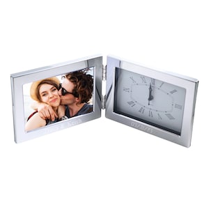 Personalized Polished Silver Finished Picture Frame Tabletop Clock — Custom Engraved Gifts Home Office Room Décor Clock Photo Engraving Name