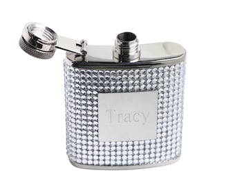 Personalized Stainless Steel Crystal Rhinestone Mini Flask – Custom Bling Engraved Flask, Bridal Party Gifts, Wedding Bride Birthday Shower