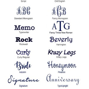 May include: A graphic showing different font styles with names like Love, Arial, English, Memo, Rock, Curly, Bride, Signature, Beverly, Krazy Legs, Honeymoon, Anniversary, and SPACEX. The text is in blue and black.