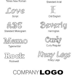 May include: A black and white image showing different font styles and names. The fonts include Times New Roman, Script, Standard Monogram, Typerwritter, Standard Arial, Old English, Harrington, Curly Regular, Rockwell, and Krazy Legs. The image also includes the text "COMPANY LOGO" and "Your Tagline" in black text. The text "SPACEX" is in gray text.