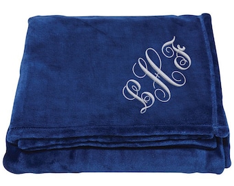 Personalized Navy Blue Utrasoft Plush Faux Mink Throw Blanket - Custom Embroidered Gifts - His & Hers Monogrammed Sofa Couch Blankets
