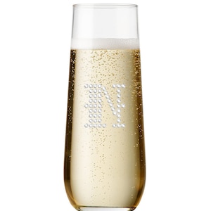 Crystal Clear Stemless Champagne Glass Flute - Personalized Crystal Rhinestones. Custom Barware Flutes, Wedding Gifts, Bride, Groom Glasses