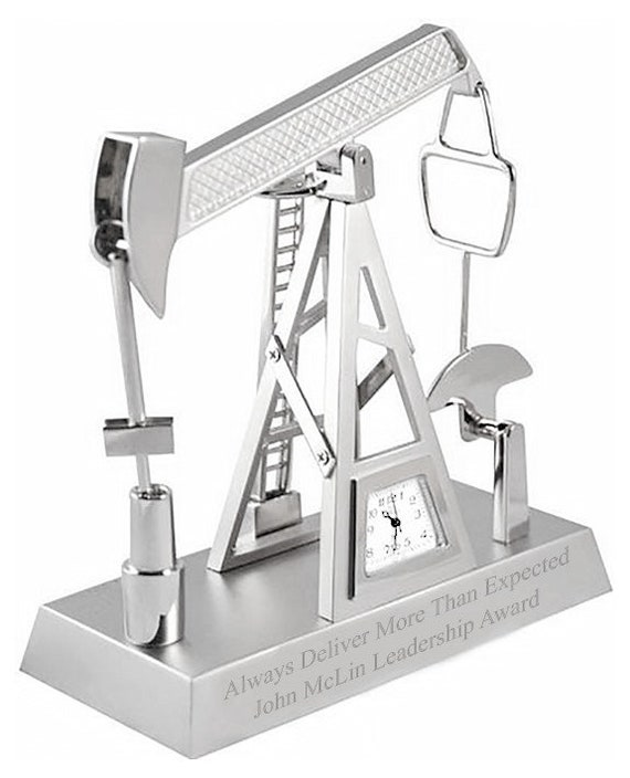 Silver Alloy Metal Industrial Oil Pumpjack Office Desk Clock - Personalized Custom Achievement Awards, Engraved Milestone Trophy, Plaques